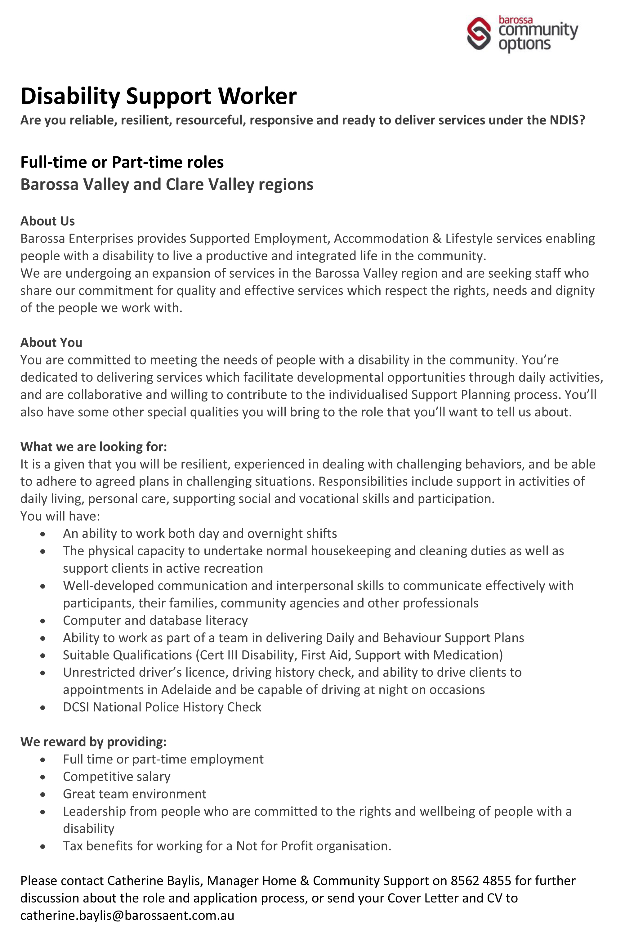 Disability Support Worker Advert - Barossa Enterprises